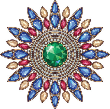 A decorative jeweled mandala with emerald center and blue ruby gemstone petals on light background