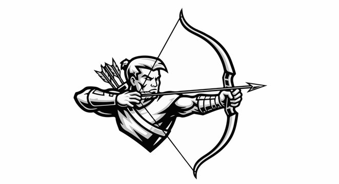 Black and white illustration of a determined archer drawing a bow, focused on target