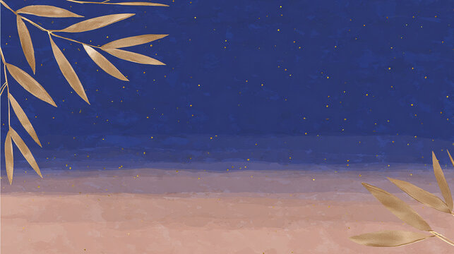 ネイビーと砂色ツートーンに金の笹葉が彩る上品な七夕水彩横型背景