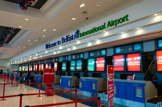 Checkin desks at Belfast International Airport, Northern Ireland.
