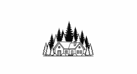 Obraz premium A minimalist illustration of a cozy house nestled among tall pine trees