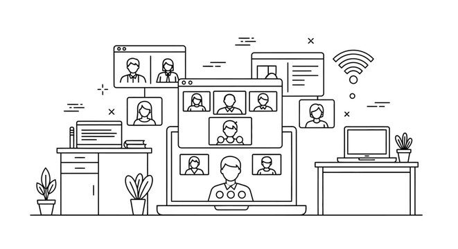 People connecting online through video conference calls for remote work.