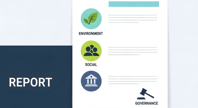 ESG report template with environment, social, governance icons on white.