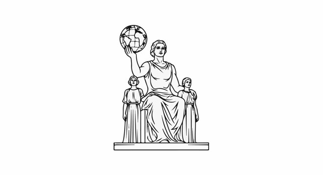 Majestic figure seated with globe, flanked by two smaller figures