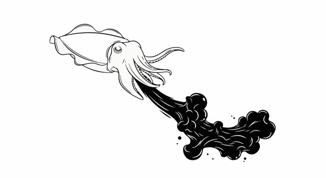 A cephalopod with many tentacles expelling a dark cloud of ink