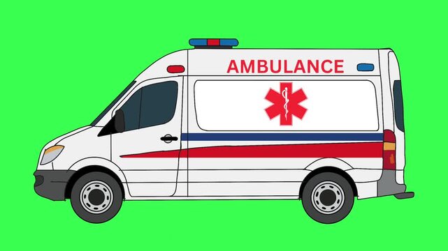 A 2D vector animation of a emergency ambulance isolated on green background.