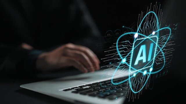 Close Up of Hand Using Laptop with AI Concept Graphic Overlay Showcasing Technology and Innovation in Computer Science and Artificial Intelligence Development Sigmoid