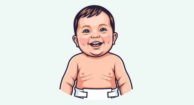 A smiling infant in a diaper, with dark hair and rosy cheeks