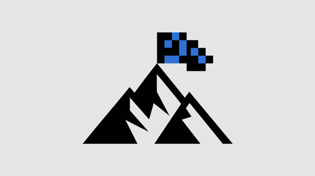 Geometric mountain icon with electronic summit flag - for milestone design
