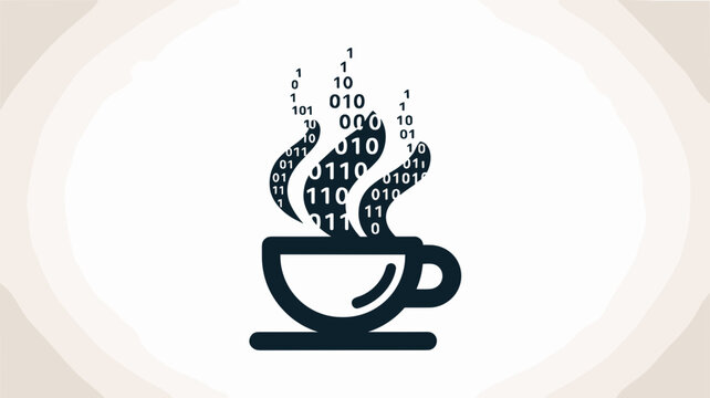 Coffee cup with binary data steam swirls - for tech culture branding