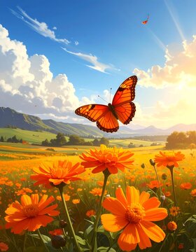 Vibrant butterfly flies over orange flowers in a sunny field