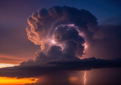 Massive, dark cumulonimbus thunderhead dominating the evening sky, signaling a powerful severe weather event is approaching, natural disaster, impending, moody