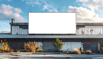 Obraz premium Blank billboard atop weathered building, against a vibrant, partly cloudy sky. Mockup for ads