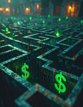 A maze with money signs at dead ends, representing confusion in financial decisions.