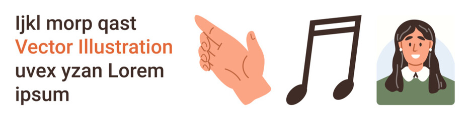 Fototapeta premium Communication, music education, learning, expression, interpersonal connections, content creation. Hand pointing gesture, musical note female avatar. Communication and music education