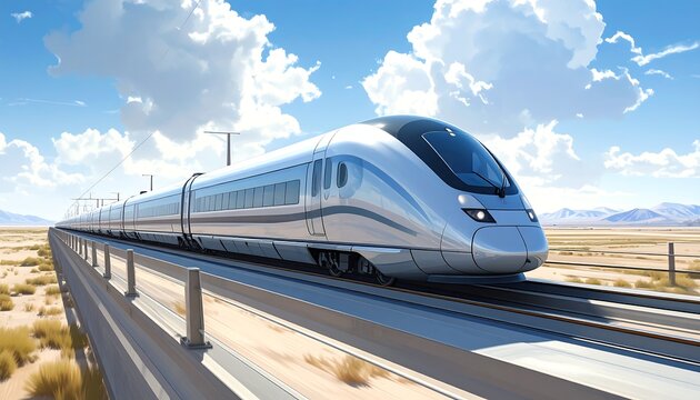 A sleek silver bullet train speeds across a desert landscape