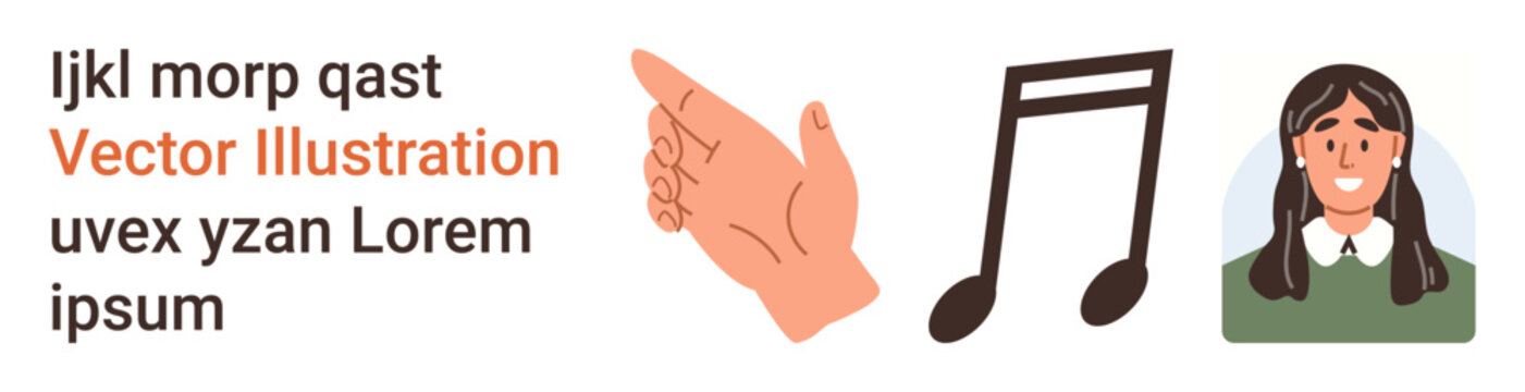 Communication, music education, learning, expression, interpersonal connections, content creation. Hand pointing gesture, musical note female avatar. Communication and music education