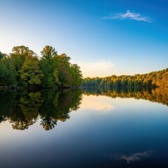 Obraz premium Serene and perfectly balanced natural wilderness scene showing tranquil water reflecting the sky and forest, symbolizing inherent fairness, wild, purity, balance