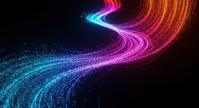 Swirling digital pathway of vibrant luminous particles creating an abstract visualization of unguided exploration and conceptual journeying, network, metaphor, data