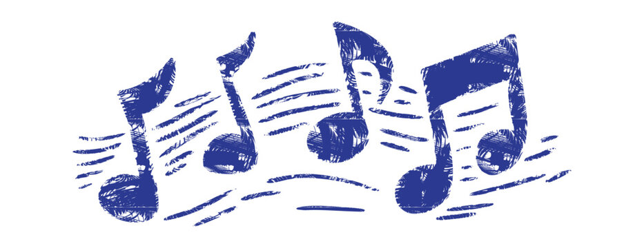 Blue music notes in linocut style. Hand-drawn textured eighth notes with grunge woodcut effect. Minimalist musical notation symbol on white. Creative melody and sound design element