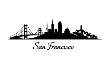 Fototapeta premium Black San Francisco Skyline Silhouette Illustration with Golden Gate Bridge Isolated on White Background