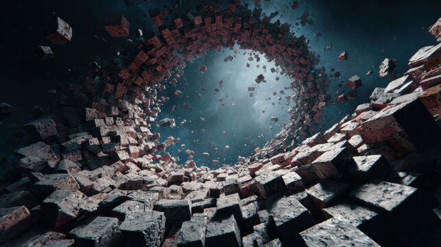 Dynamic swirling vortex of textured cubes creating an immersive 3D visual experience with captivating lighting effects showcasing motion and depth in abstract art. Generative AI