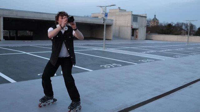 Young man on inline skates reacts with surprise while riding across empty rooftop parking lot holding small device urban lifestyle freedom movement evening city atmosphere