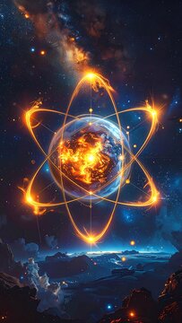 Vibrant celestial body with glowing orange atom orbiting