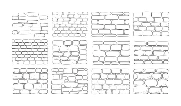 Twelve different hand drawn brick wall patterns and textures stone