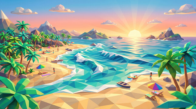 Tropical beach sunset landscape in low poly geometric art style.