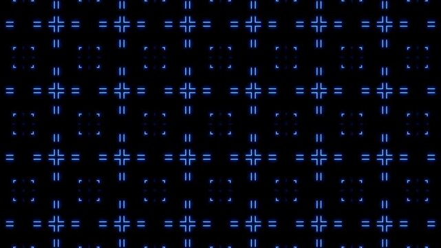Blue digital matrix pattern flashing with geometric square and cross shapes on a black background.