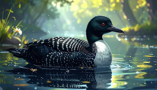Aquatic bird with dotted back swims in sunlit, green-bordered water with reflective surface and bright, hazy background