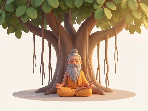 3D Indian Guru Meditating Under Banyan Tree