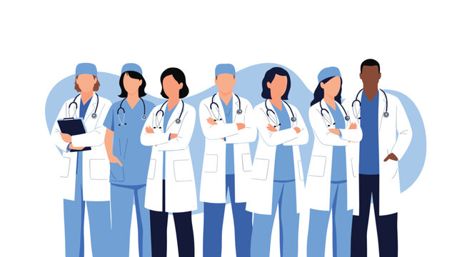 Team of diverse medical professionals including doctors and nurses wearing white coats and blue scrubs standing together.