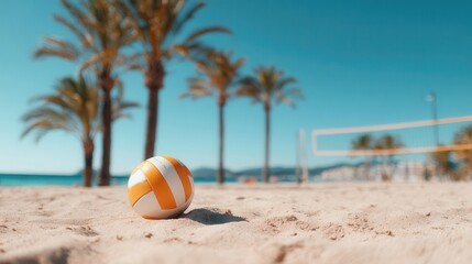 Obraz premium Volleyball ball resting on a sunny tropical beach sand under blue sky, a net and palm in background the trees