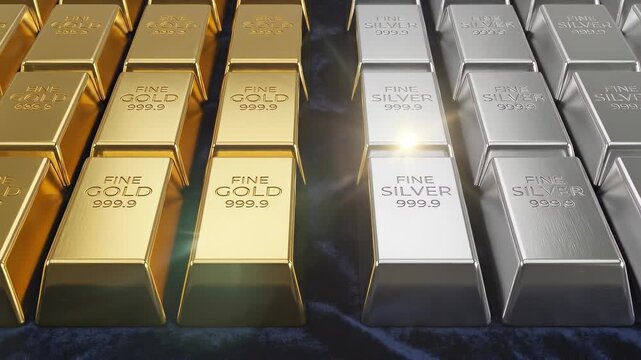 Stacks of gold and silver bars arranged on a dark background. Precious metal ingots for financial investment. Wealth accumulation and commodities trading concept.
