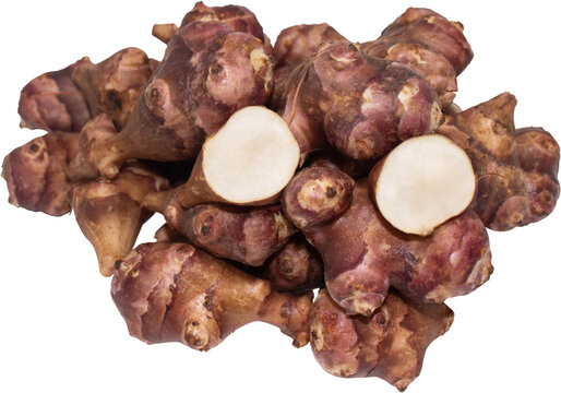 Fresh Jerusalem artichoke pile with sliced piece isolated on transparent background, PNG