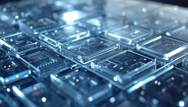 Transparent layered circuit modules glowing blue high fidelity distributed system visualization