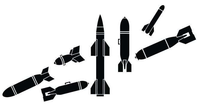 Collection of various tactical military missile icons and falling aerial bombs shown on a plain white background