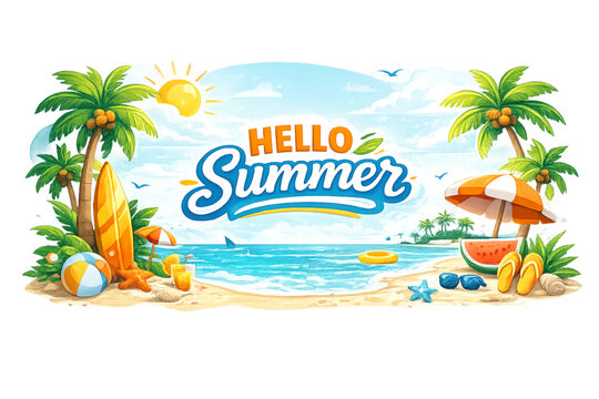 Hello Summer beach vibes, summer beach concept, tropical holiday scene, sunny seaside atmosphere, ocean waves background, warm summer colors, beach vacation lifestyle, coastal paradise theme, palm tre