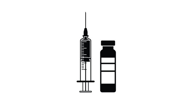 Medical illustration of a hypodermic syringe and a medicine vial bottle used for vaccinations, shown in a simple black silhouette style.
