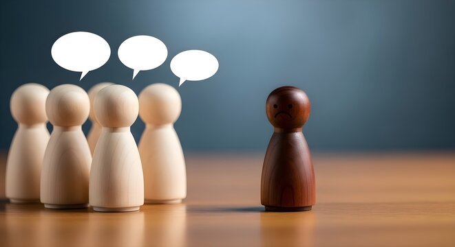 Social Exclusion Concept: Dark wooden pawn standing alone away from group of light figures with speech bubbles, racism, workplace bullying, loneliness, discrimination and mental health concept