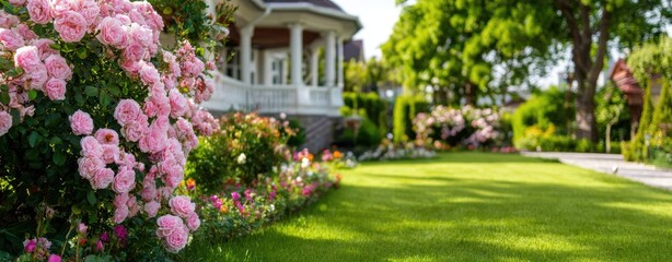 Obraz premium Beautiful blooming pink roses, lush green lawn, colorful garden, blurred stately home