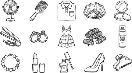 Obraz premium Beauty and fashion icon set with cosmetics, accessories, hairstyle tools and clothing items in clean outline vector illustration