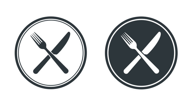 Minimalist black and white circular icons featuring a crossed fork and knife for restaurant branding design elements