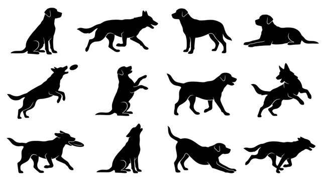 Collection of dog silhouettes running playing.
