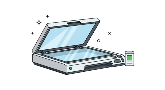 Modern flatbed scanner for digitizing documents and photos shown with its lid open in a clean vector style with decorative icons.
