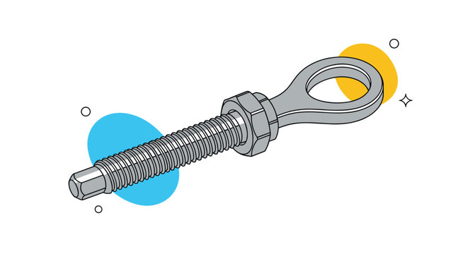 Industrial silver eye bolt with a threaded metal shaft and a securing nut, presented in a perspective view on a stylized background.