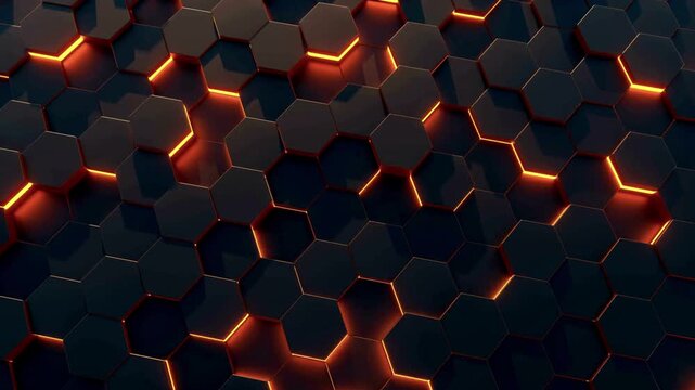 Orange hexagonal pillars pulse with glowing light within a deep 3d grid for a futuristic background.