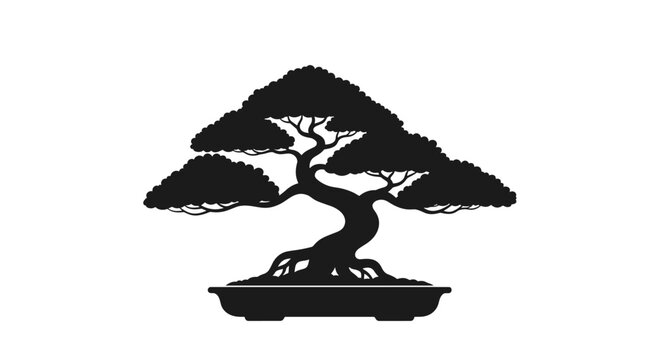 Black silhouette of a traditional Japanese bonsai tree with a twisted trunk and lush foliage, planted in a ceramic pot on white.